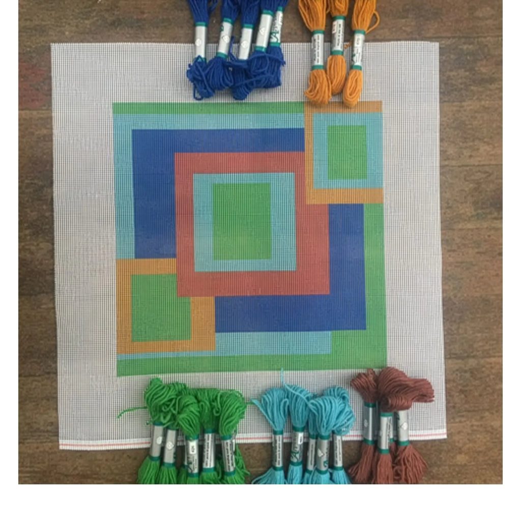 A colorful needlepoint kit and its accompanying Appletons wool. Designed and sold by Daisy’s 