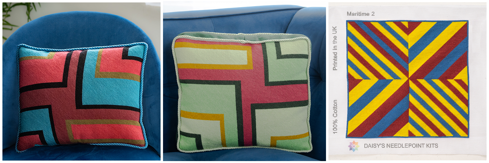 Three colorful geometric-patterned needlepointed cushions designed by Daisy's Needlepoint Kits.