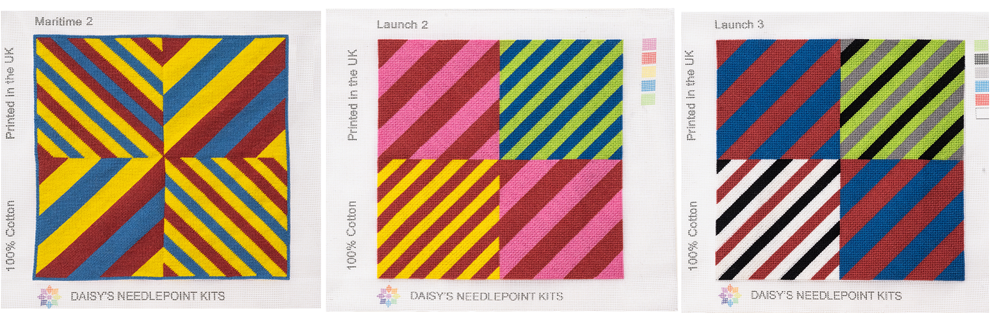 Three needlepoint designs with different patterns and color schemes. These are part of the nautical themed designs by Daisy's Needlepoint Kits.